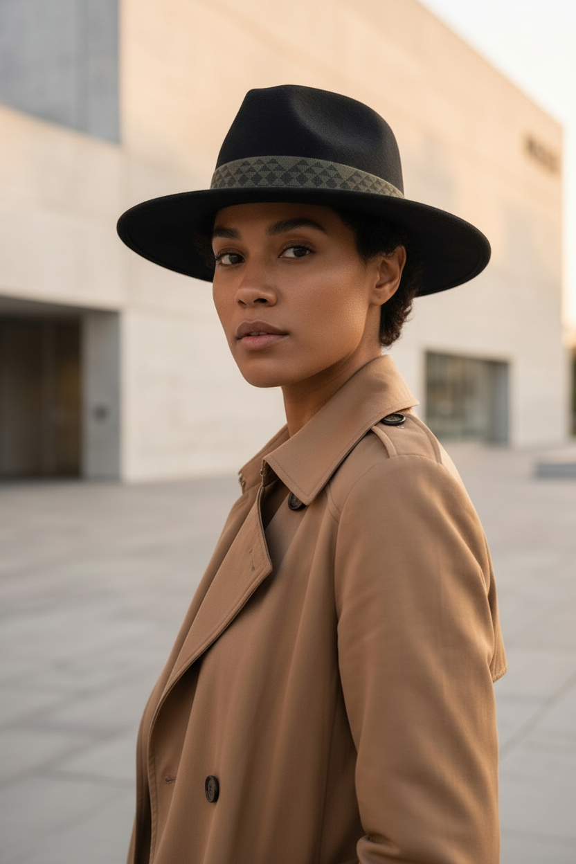 Māori model with black hat and trench coat