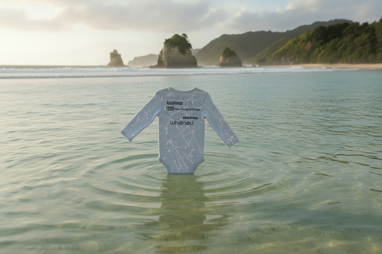 Pepeha / Tūturu Onesie placed over calm water